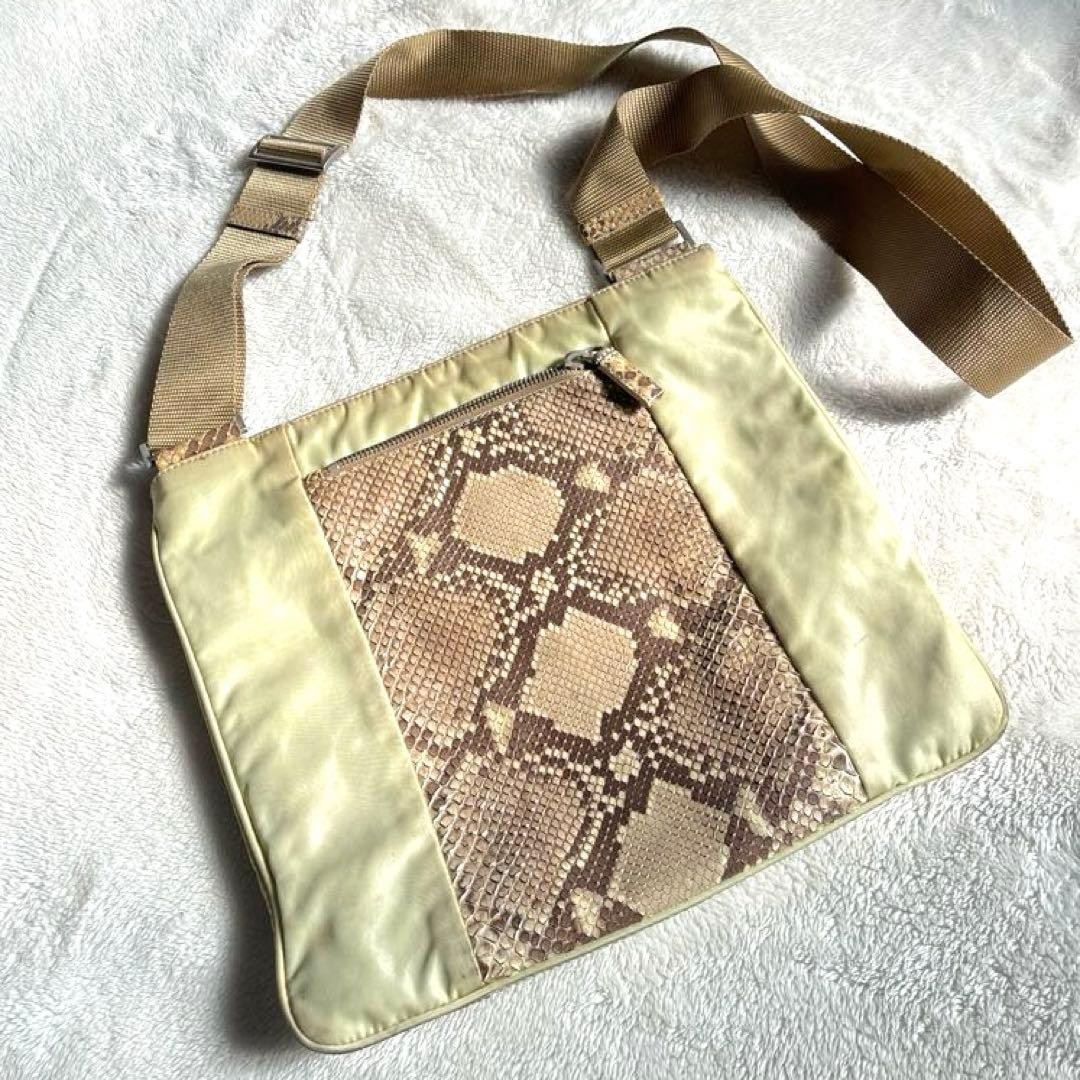PRADA Python Nylon Shoulder Bag Beige Used Adjust… - image 2