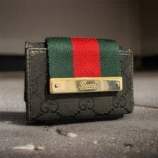 VTG Gucci Black GG Monogram Canvas Web Stripes Trifold Key Card Case Holder