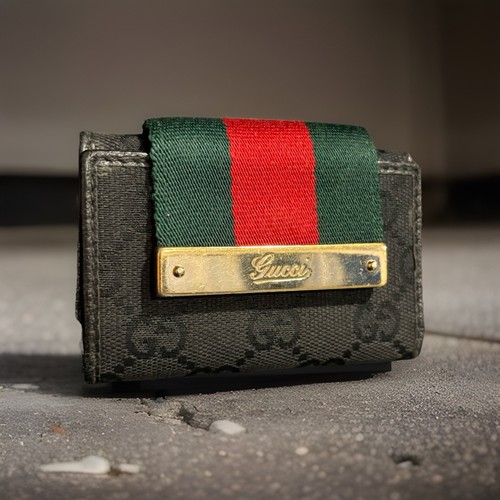 VTG Gucci Black GG Monogram Canvas Web Stripes Trifold Key + Card Case Holder