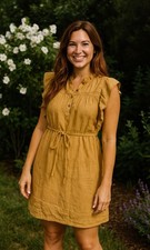 New! Loft Mustard Yellow A-Line Dress Sz XS Front tie Ruffled Sleeves Boho