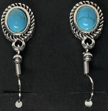 Handcrafted Dangle Earrings Silver Tone Turquoise Blue Oval Stone Hook