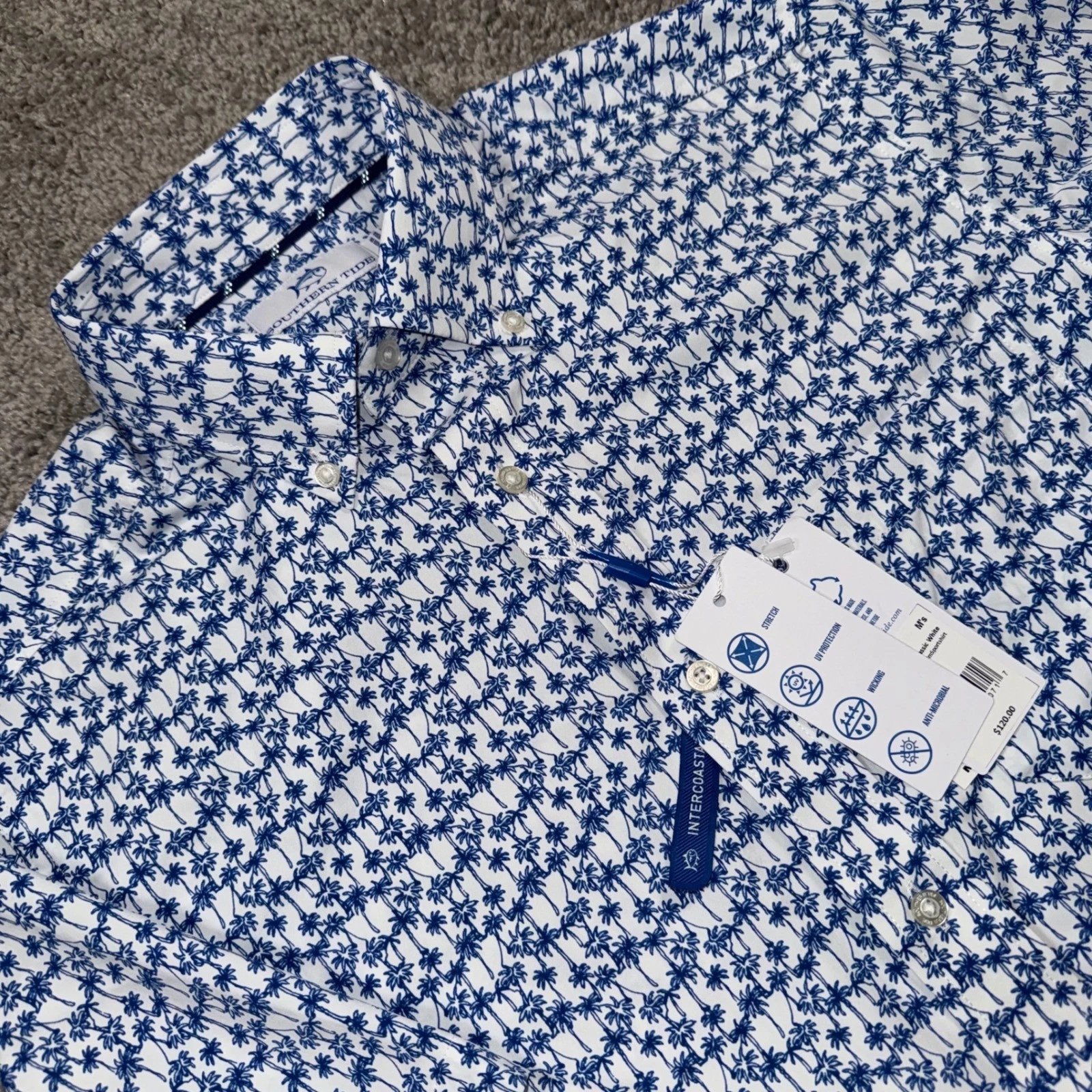 Southern Tide Intercoastal Shirt Mens Palm All Over Print White Blue Small NEW