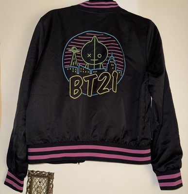 BT21 BTS Bomber Jacket Black Pink Neon Graphic Zip Up Ltd Edition Medium EUC