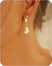 Pearl 14K Gold Plated Dainty Drop Long Dangle Earrings for Women Brides Formal 