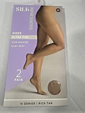 Silk Impressions Panty Hose M Sheer High Waisted Ultra Fine Soft 15D Tan 2PK