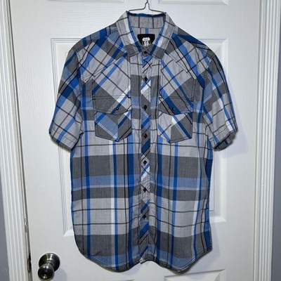 Route 66 Shirt Men's Medium Gray Blue Plaid Short Sleeve Snap Front Western NWOT