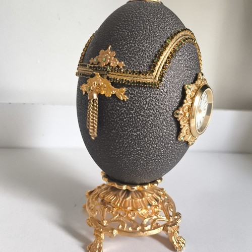 Emu Egg Decorated On Gold Display Stand Jewelry Box Clock - Picture 3 of 11