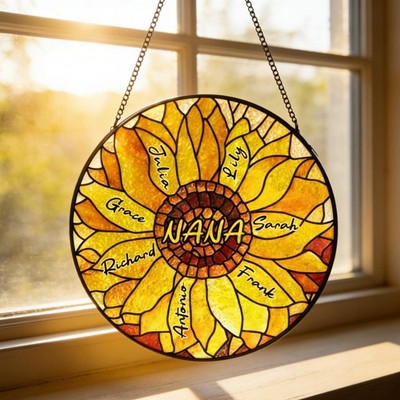 Family Name Stained Glass Suncatcher, Sunflower Glass Sun Catcher, Grandma Gift
