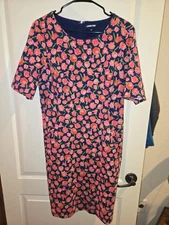 Lands End Size 14 Navy Floral Deep Sea Tulip Ponte Knit Pockets Sheath Dress 968