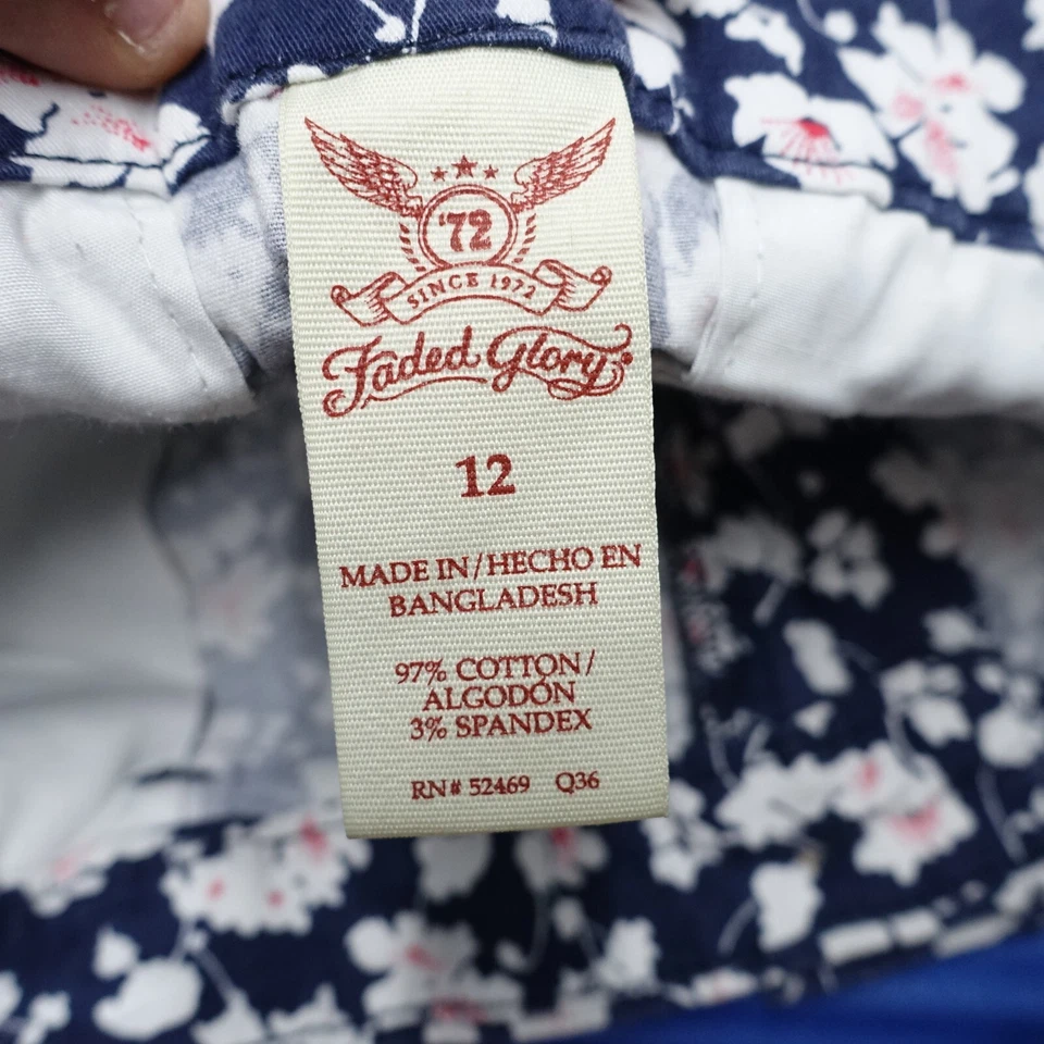 Pantalones Cortos Chinos Desteñidos Glory Para Mujer 12 Azul Marino Blanco Floral Algodón Elástico Cremallera Mosca Foto 3 de 4