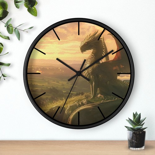 Runde Wanduhr Sonnenuntergang Drache schöne leise Analoguhr 10" Holzrahmen - Bild 7 von 7