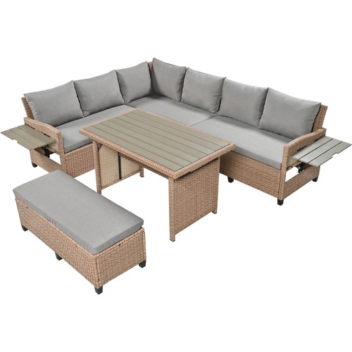 TOMAX 5-Piece Outdoor Patio Rattan Sofa Set, Sectional PE Wicker L-Shaped Garden - Picture 5 of 12