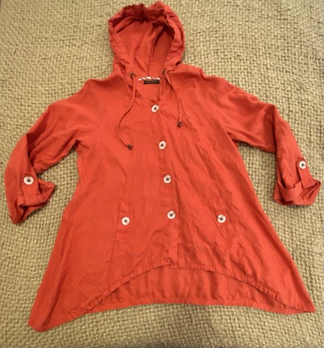 For Cynthia Coral Linen Button Down Hooded Jacket - XL?