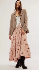 Free People Driftwood Cord Maxi Skirt Dreamweaver Floral Tiered Rose Pink S NWT