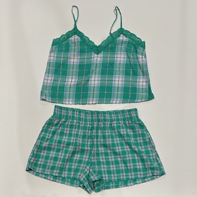 Women's Lace Trim Woven Tank and Shorts Pajama Set - Colsie Green Plaid S