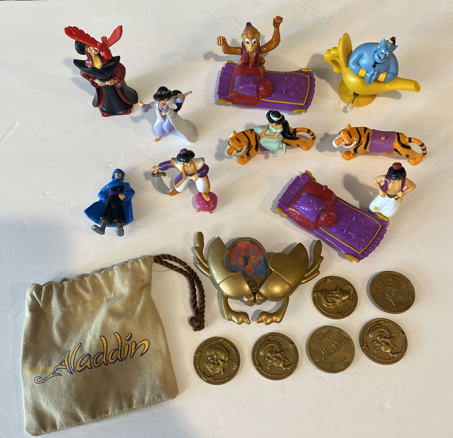Vintage 1990s Burger King Disney Aladdin Toys Lot with Pouch & Collectible Coins