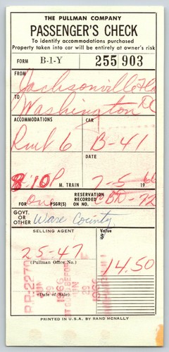 Pullman Passenger Check Jacksonville / W DC 1966 Coupon Ticket #903 Bloomquist*