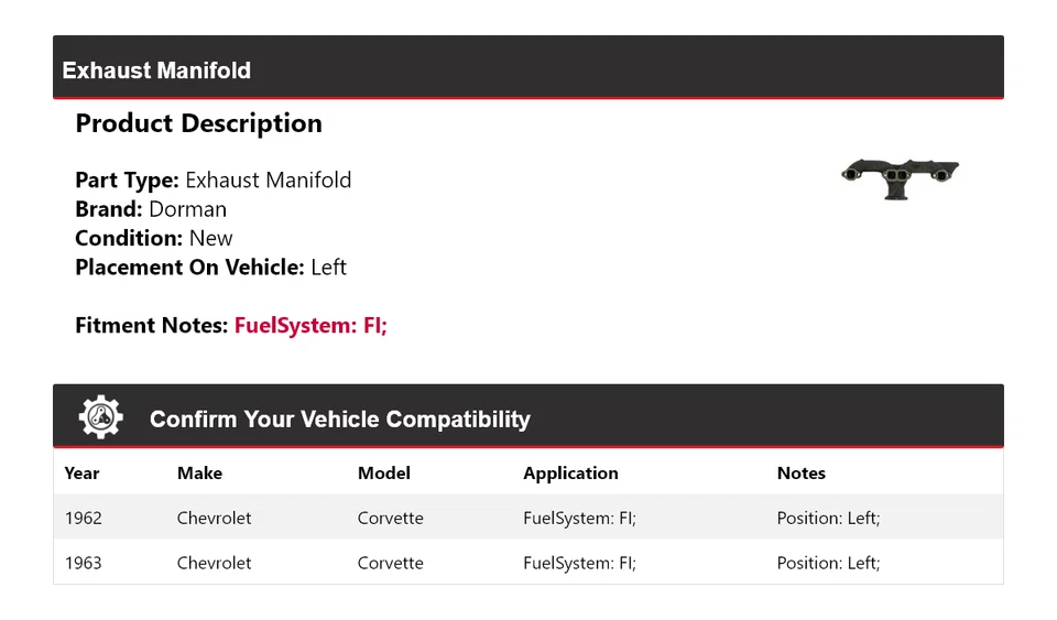 Левый выпускной коллектор для Chevrolet Corvette Dorman 1962-1963 годов выпуска - Изображение 2 из 4