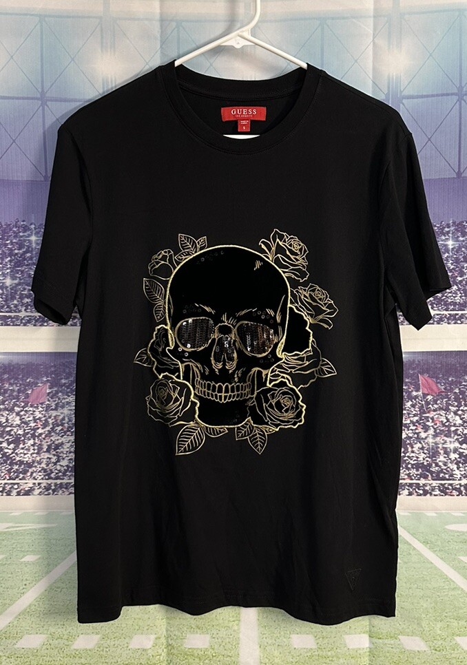 GUESS Skeleton Black Tee Velvet Gold Trim Stitch Sz Small T2RI31
