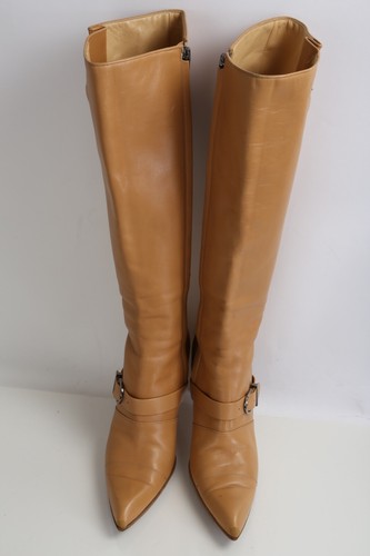 Vintage CHANEL Beige Leather Buckle Pointed Toe Knee High Block Heel Boots Sz 39 - Picture 18 of 22