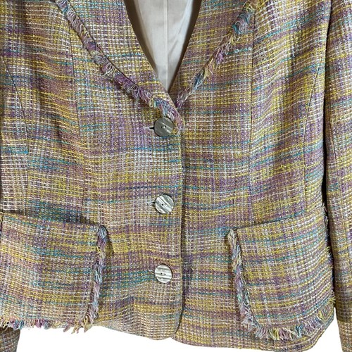 Giacca blazer vintage Neiman Marcus tweed taglia 14 rosa pastello seta frange classico - Foto 3 di 8