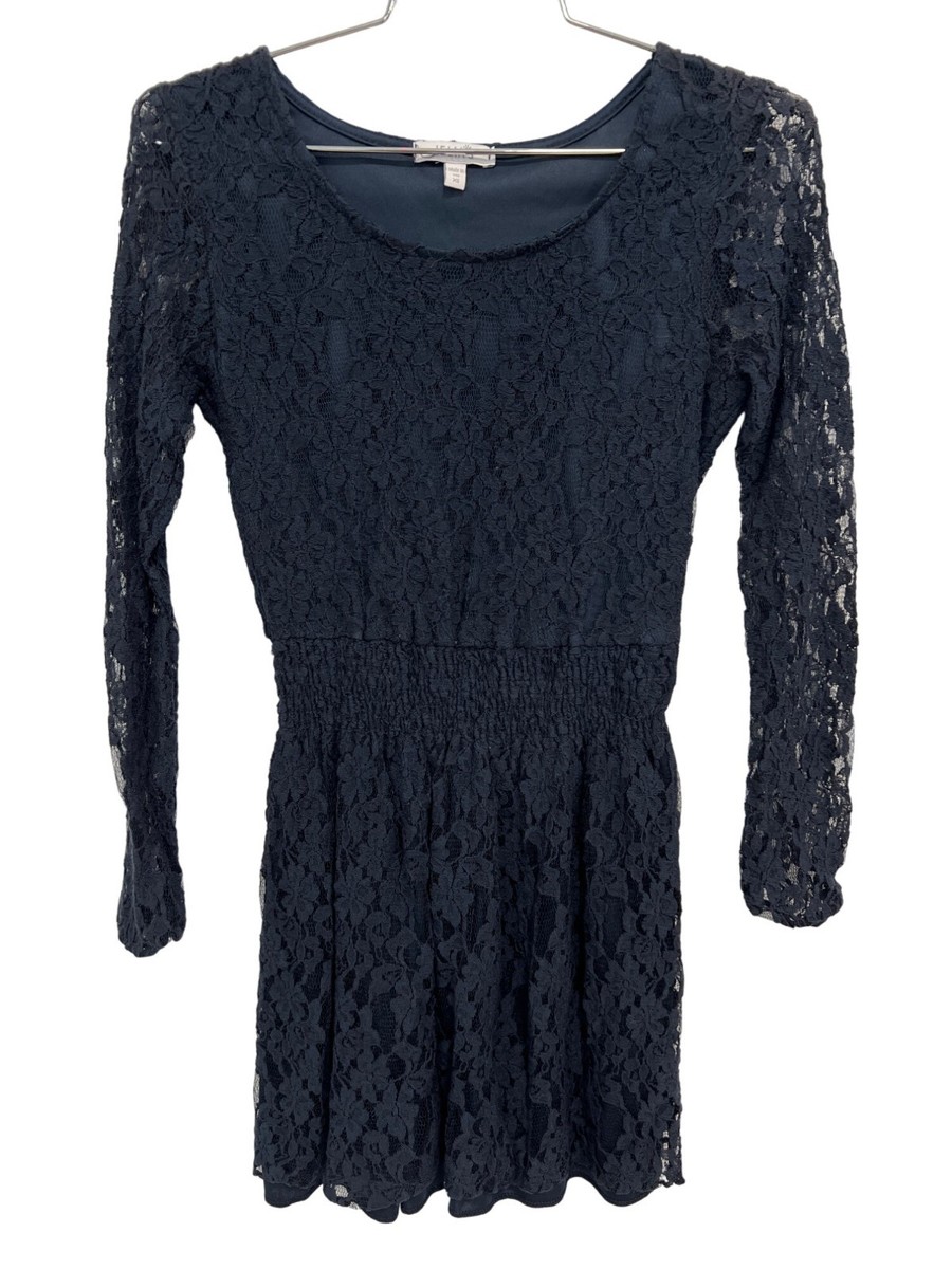 Y2K DeliAs Lace Skater Dress Size XS Navy Long Sleeve Floral Smocked Waist