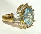 VINTAGE GOLD ON STERLING SILVER LIGHT BLUE AND CLEAR STONES COCKTAIL RING SZ 7.5
