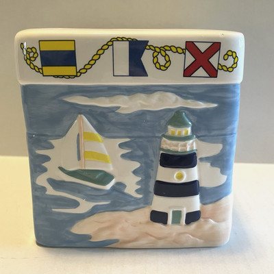 LaMont Ceramic Tissue Box Cover Hand Painted Lighthouse Nautical Sailboat Sea