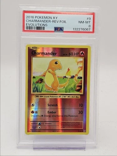 CHARMANDER 2016 POKEMON XY EVOLUTIONS REVERSE FOIL COMMON 9/108 PSA 8 Q1173