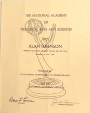 Alan Johnson Emmy Nomination Certificate 1975 – Shirley MacLaine CBS