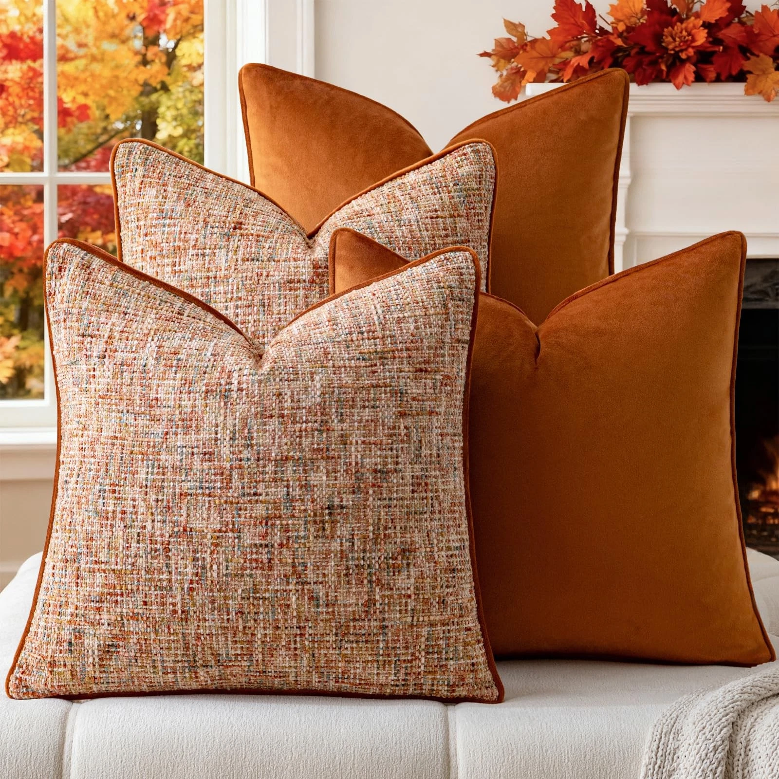 Fall Orange 4 Pack Throw Pillow Covers - Chenille & Velvet Set with Piping, F...