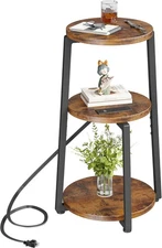 Homeiju Round End Table with Charging Station, 3-Tier Small Rustic Brown 