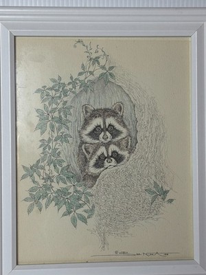 Vintage 70s Bill Neat Art Sketch Ink Drawing Raccoon Woodland Animal Framed 8x10