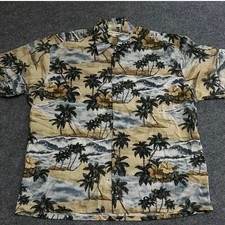 Pierre Cardin Shirt Mens XL Tan Tropical Palm Tree Cotton Short Sleeve Button Up