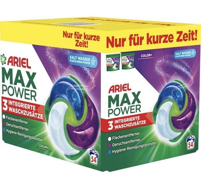 ARIEL MAX POWER~COLOR ~54 Pods (2 x 27 Stück)~ KRAFTVOLLE FLECK ENTFERNUNG~0,38 