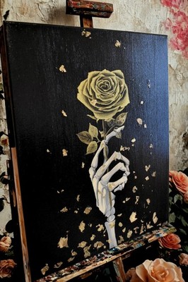 Skeleton Hand Holding a Rose  Metallic Gold  Black Acrylic Paint | Gold Leaf Art