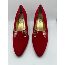 Vintage PM Collection Red Suede Rhinestone Accent Heels Size 7M Pointed Toe