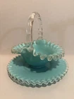Vintage 50’a Fenton Silver Crest Turquoise Blue Basket & Plate