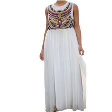 Aztec Embroidered Chiffon Dress Formal Gown Vivi Party Princess Womens Medium