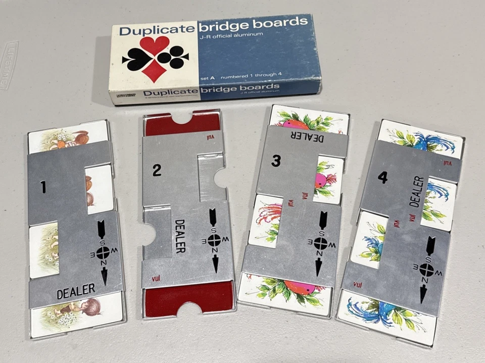 Vintage 1969 J-R Official Duplicate Bridge Boards Set A 1–4 Aluminum USA - Image 3 of 3