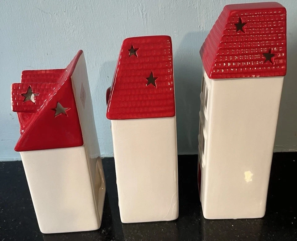 Set Of Three Pottery Village Tealight  Holders In Red And White - Image 3 of 4