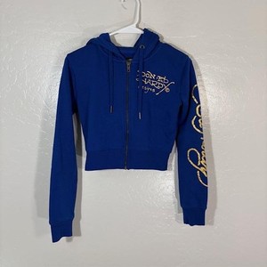 Ed Hardy Hoodie Womens XS Blue Cropped Full Zip Tiger Graphic Streetwear Y2K