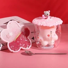 Starbucks Cute Pink Sakura Cat Claw Cup + Cherry Blossom Lid Coaster Spoon Gifts