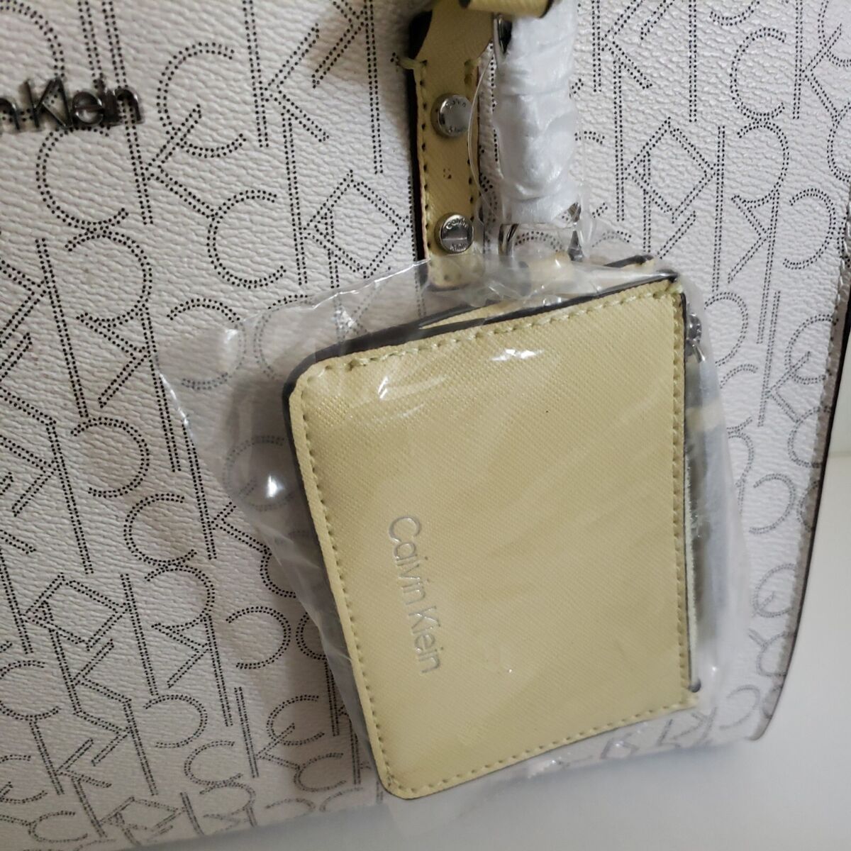 CALVIN KLEIN Monogram CK Signature Cream Satchel Hand-Bag CALVIN KLEIN Monogram CK Signature Cream Satchel Hand-Bag