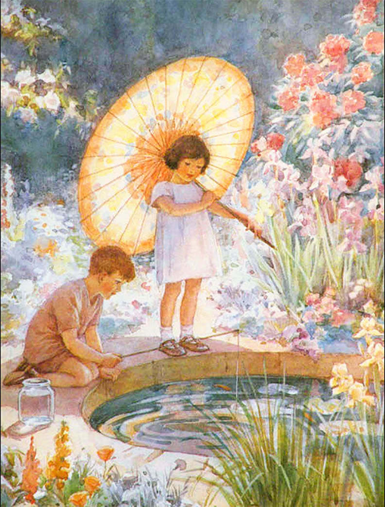 Children in Flower Garden, Koi Pond   by Margaret Tarrant