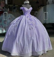 Lilac Glitter Quinceanera Dresses 3D Flower Sweet 15 16 Party Prom Ball Gown