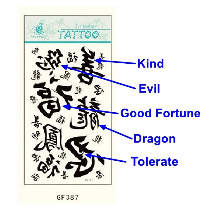 Chinese Word Kind Evil Good Fortune Dragon LOVE Rose Body Tattoo 