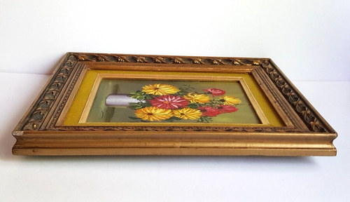 Vintage Blumen Ölgemälde gelb rot Blumen antik gold Holzrahmen signiert - Bild 10 von 18