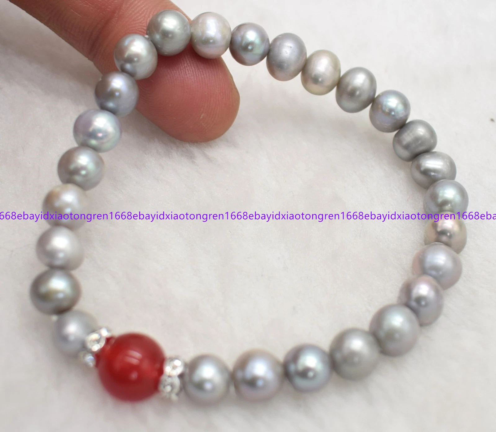 VALENTINO Bellissimo bracciale 7 8 mm perle grigie e perle di giada tonde rosse 12 mm 7 5 pollici