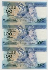 PORTUGAL 3 X 100 ESCUDOS RUNNING NUMBERS 1987 PICK 179 UNC